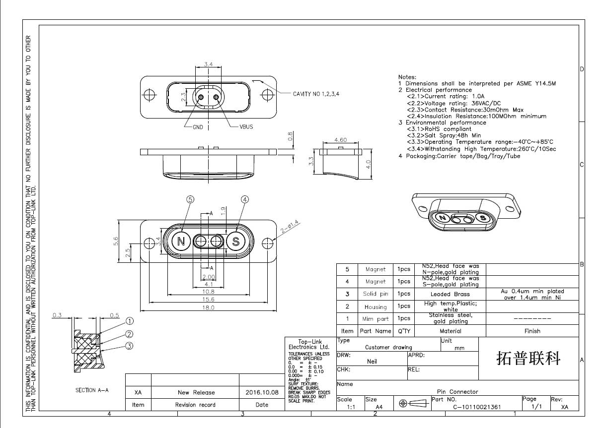 magnetic 2 pogo pin connector drawing