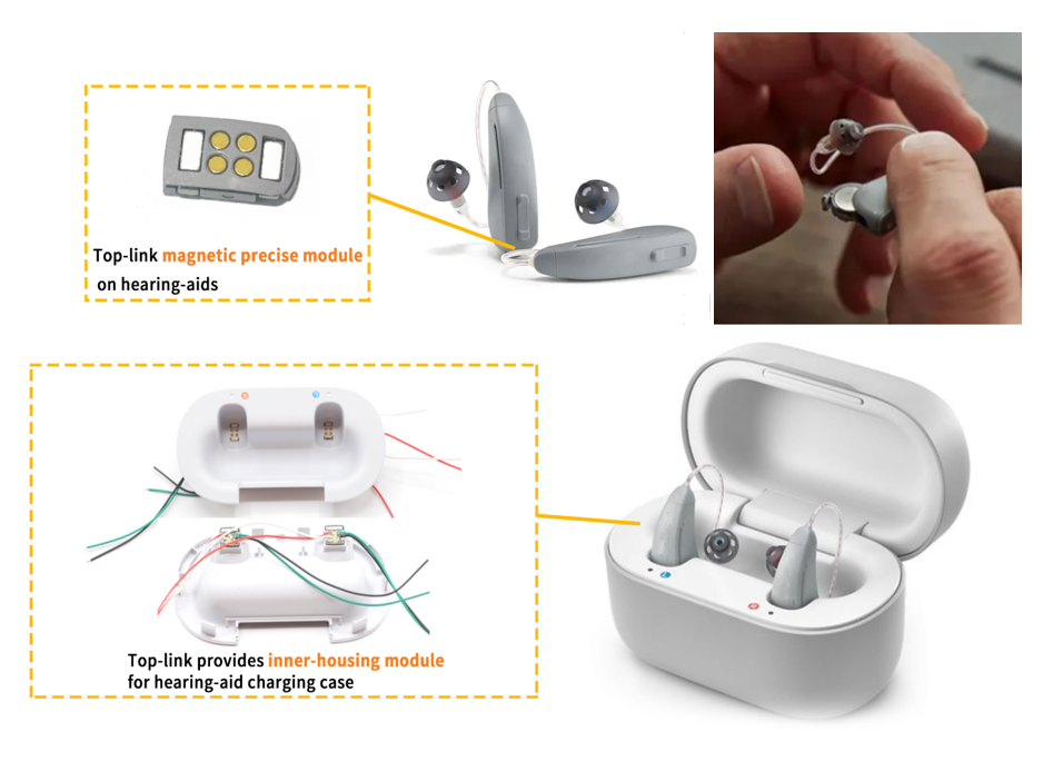 Top-link pogo pin charging module for hearing-aid 